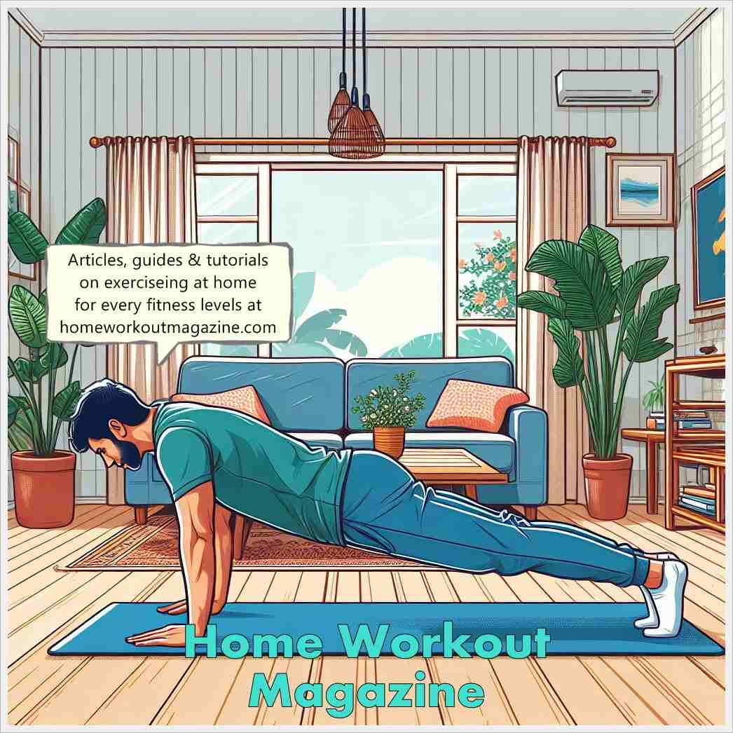 homeworkoutmagazine.com homepage cover image of a man doing pushups at home in the living room with open windows and you can see outside. A illustration type image